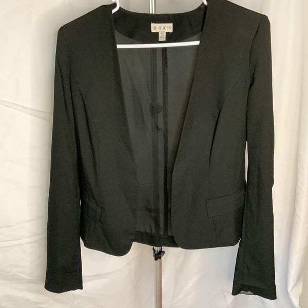 Guess Blazer Women’s Size S Black Open Front Sheer Back Collarless Jacket