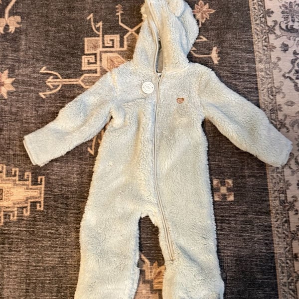 Huggies Sherpa Fleece Pramsuit Size 12M Blue Bear Ears Hooded