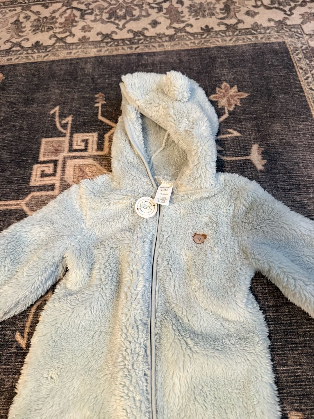 Huggies Sherpa Fleece Pramsuit Size 12M Blue Bear Ears Hooded 4