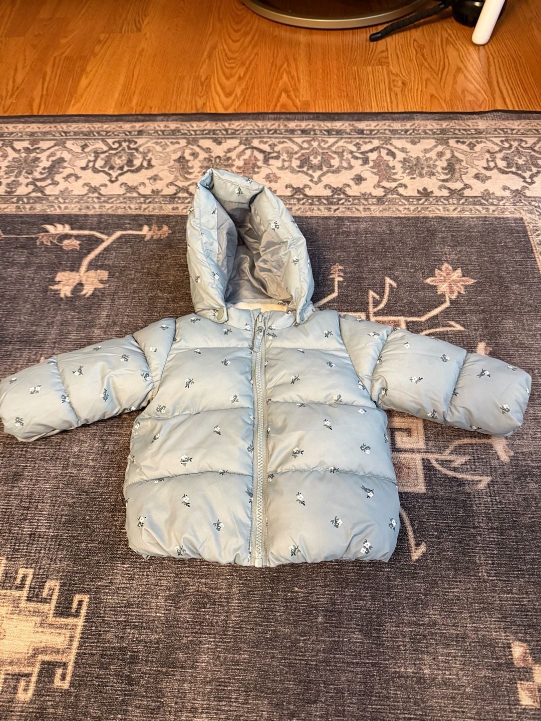 H&M Water-Repellent Puffer Jacket Size 9M Green Floral Hooded Coat 2