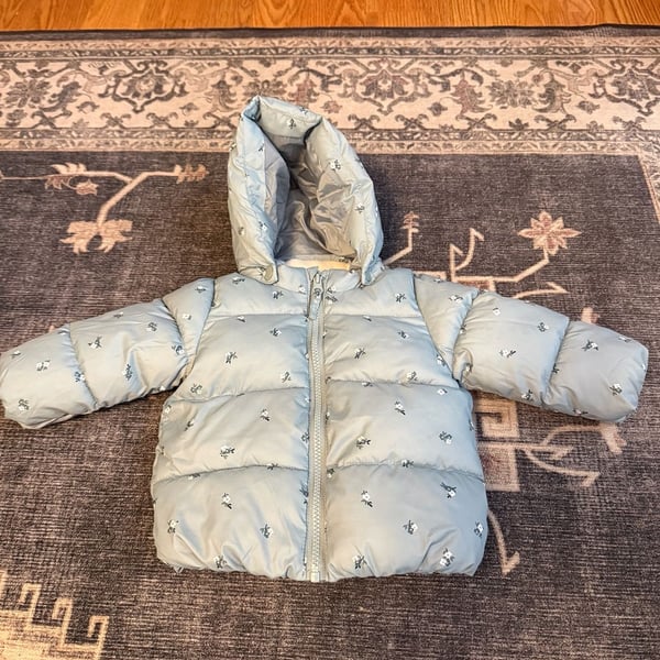 H&M Water-Repellent Puffer Jacket Size 9M Green Floral Hooded Coat
