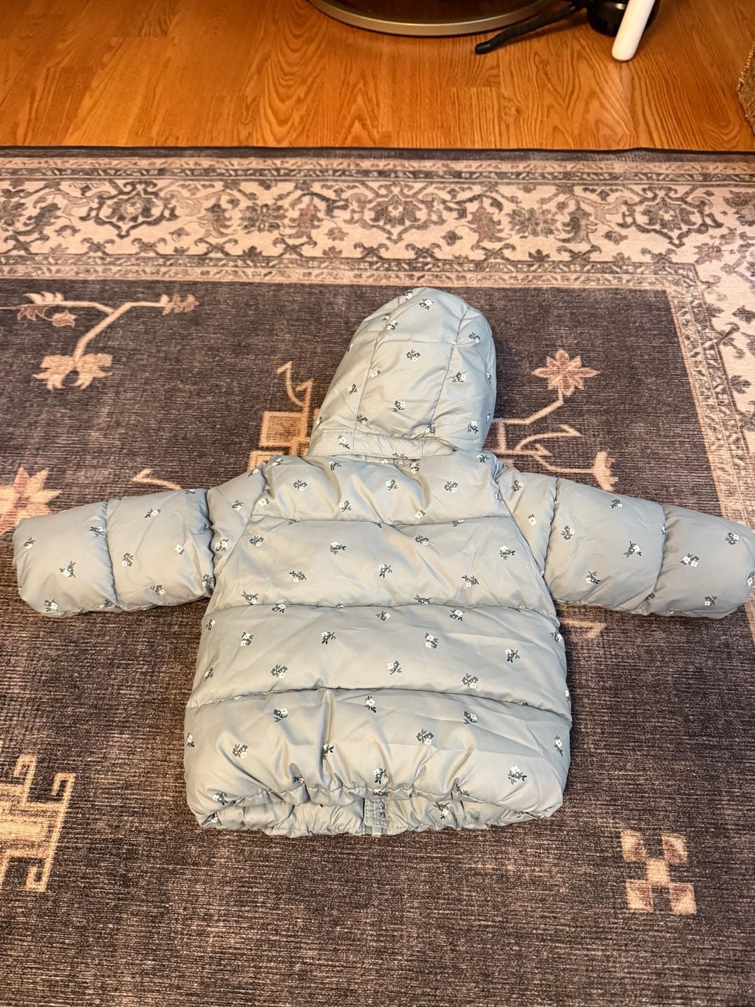 H&M Water-Repellent Puffer Jacket Size 9M Green Floral Hooded Coat 4