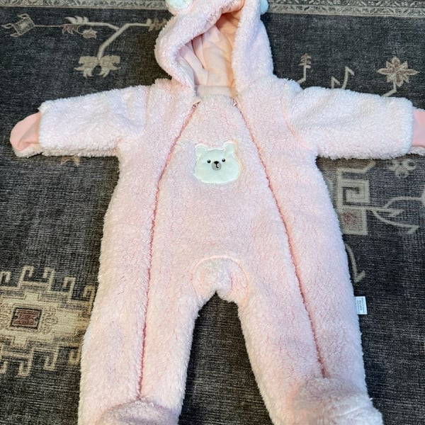Baby Snowsuit Size 6-9M Pink Fleece Hooded Bear Pram