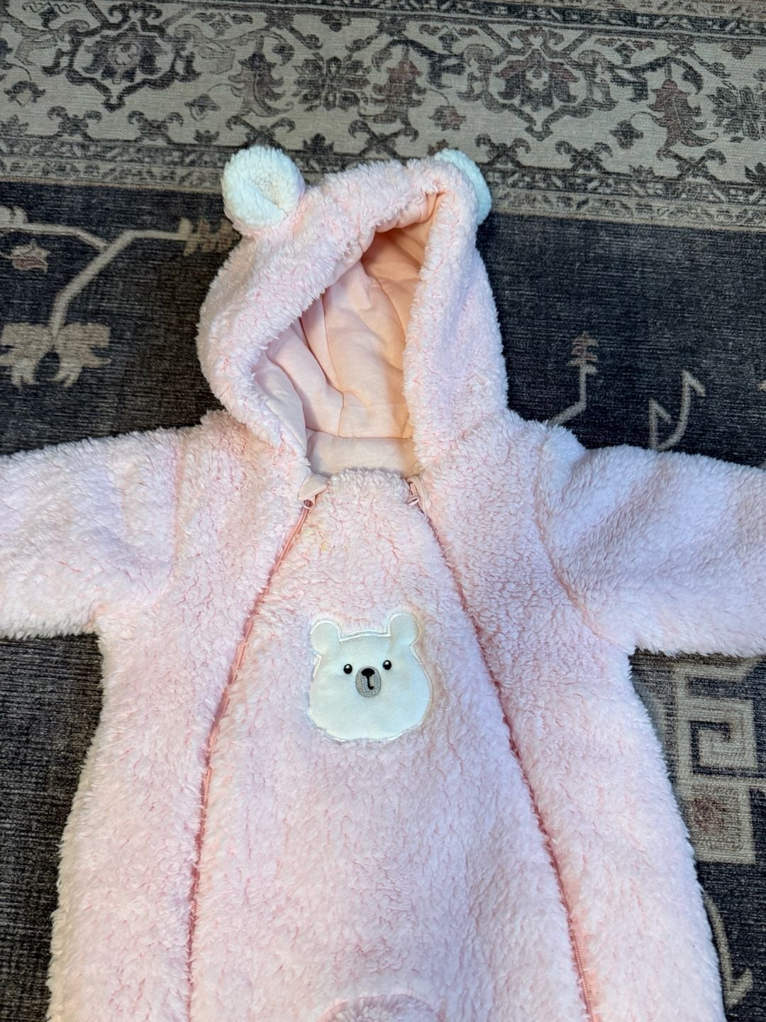 Baby Snowsuit Size 6-9M Pink Fleece Hooded Bear Pram 3