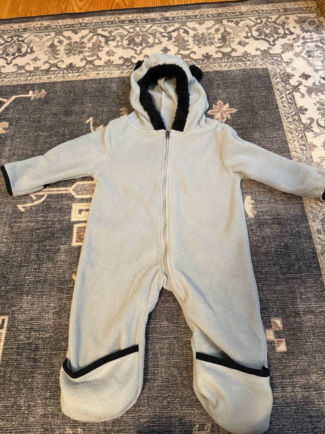 Cuddle Club Fleece Pramsuit Size 6-12 Months Gray Bear Ears Hooded 2