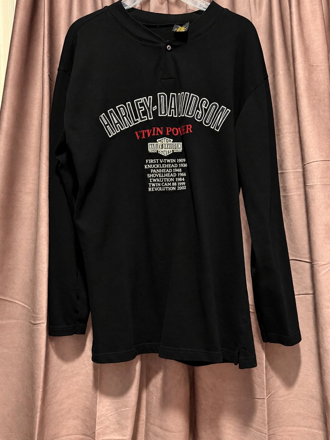Harley Davidson V-Twin Power Long Sleeve Henley Size Large Black Shirt 2