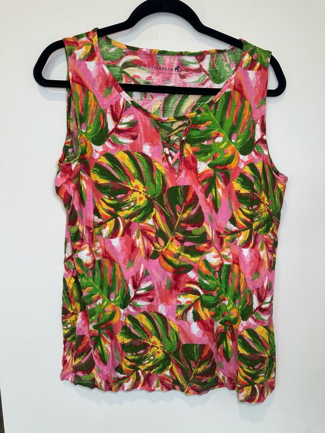 Caribbean Joe Tank Top XL Pink Green Tropical Monstera Leaf Lattice 2