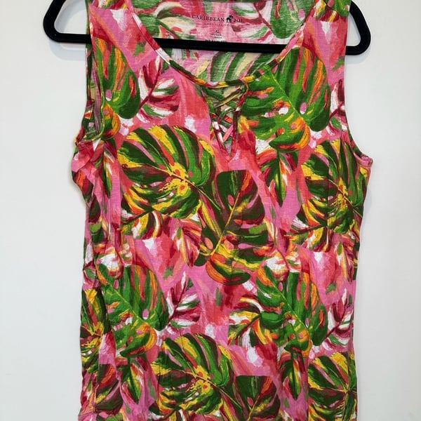 Caribbean Joe Tank Top XL Pink Green Tropical Monstera Leaf Lattice