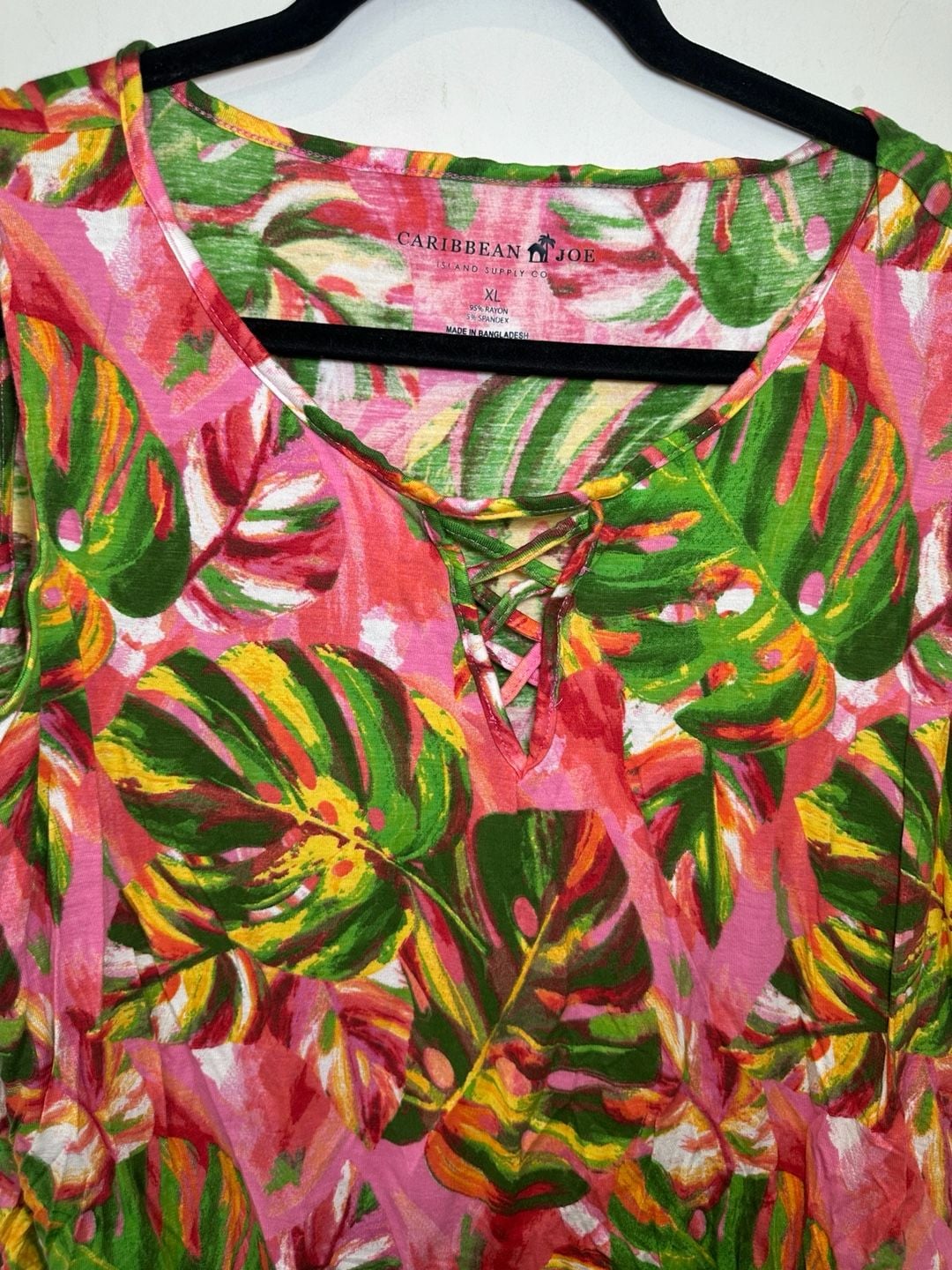 Caribbean Joe Tank Top XL Pink Green Tropical Monstera Leaf Lattice 4