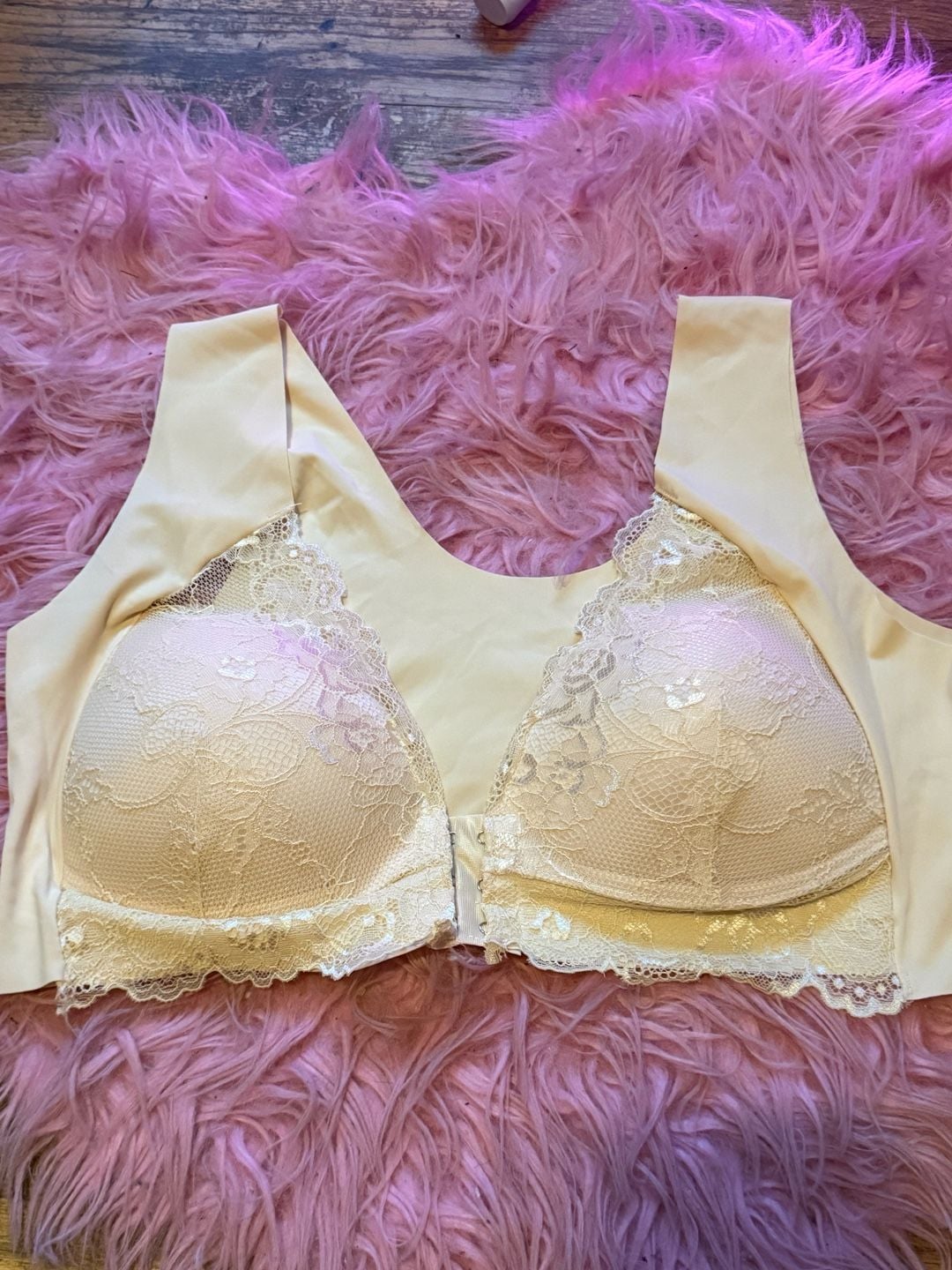 Front Closure Lace Bra Size 5XL Beige Wireless Floral Push Up 2