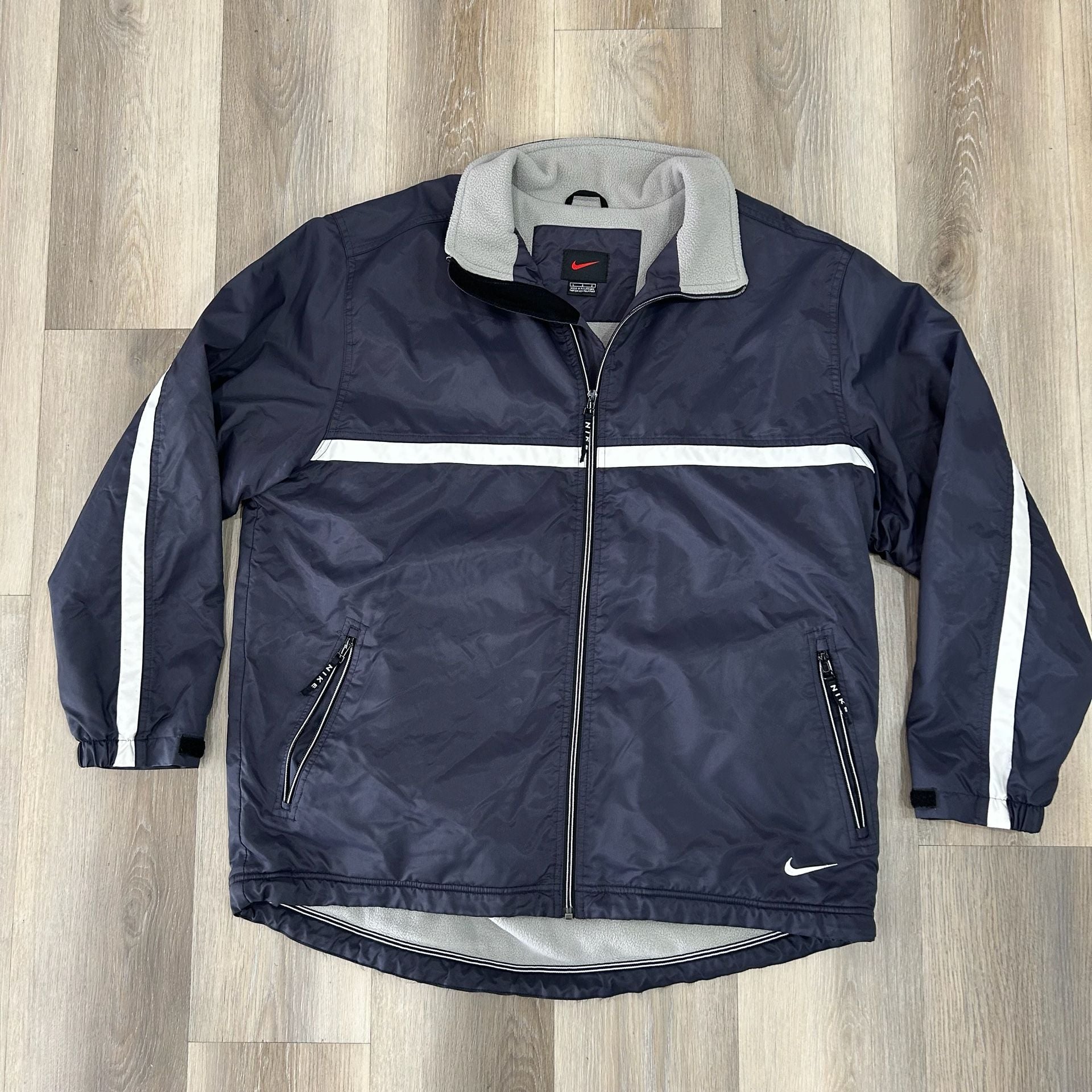 Nike Vintage Full Zip Nylon Jacket Size L Navy Blue Fleece Lined 2