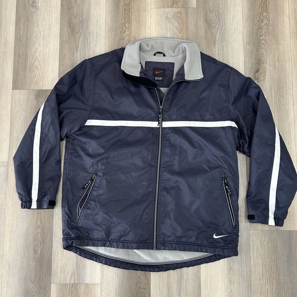 Nike Vintage Full Zip Nylon Jacket Size L Navy Blue Fleece Lined