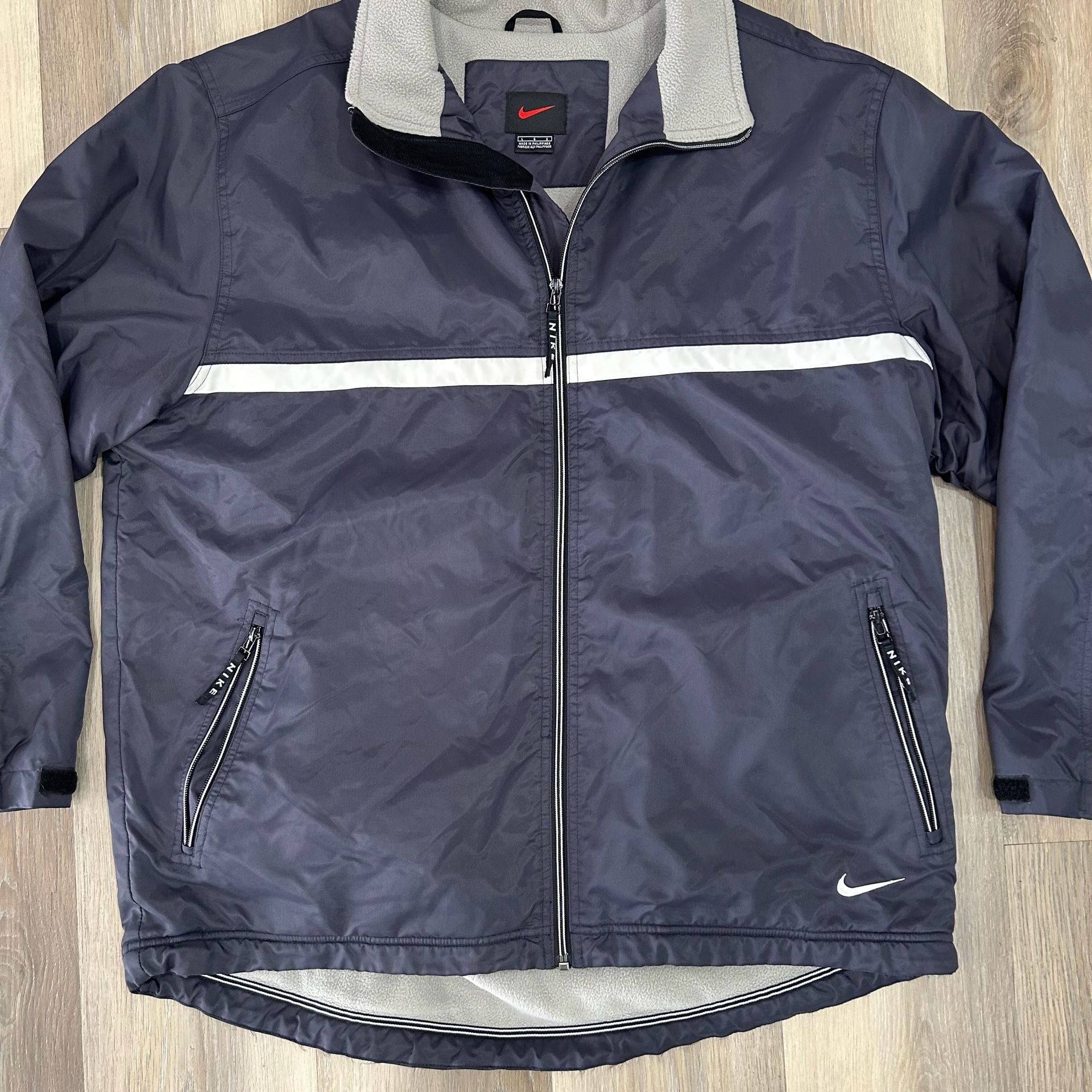 Nike Vintage Full Zip Nylon Jacket Size L Navy Blue Fleece Lined 5