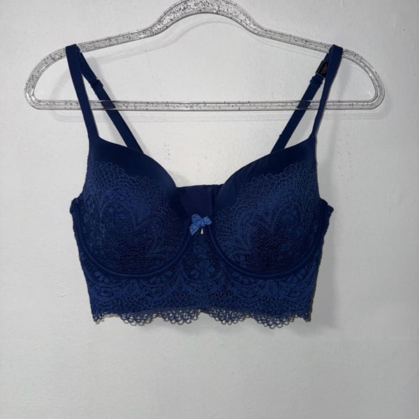 Victoria's Secret Body By Victoria Lined Demi Bra Size 36D Blue Lace Longline