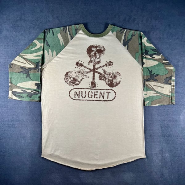 1982 Ted Nugent Skull Guitar Graphic Camo Quarter Sleeve T-Shirt Large Vintage