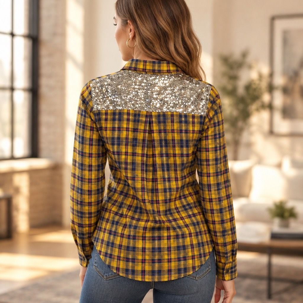 Grace & Emma Plaid Button Down Shirt Size L Yellow Sequin Yoke 2