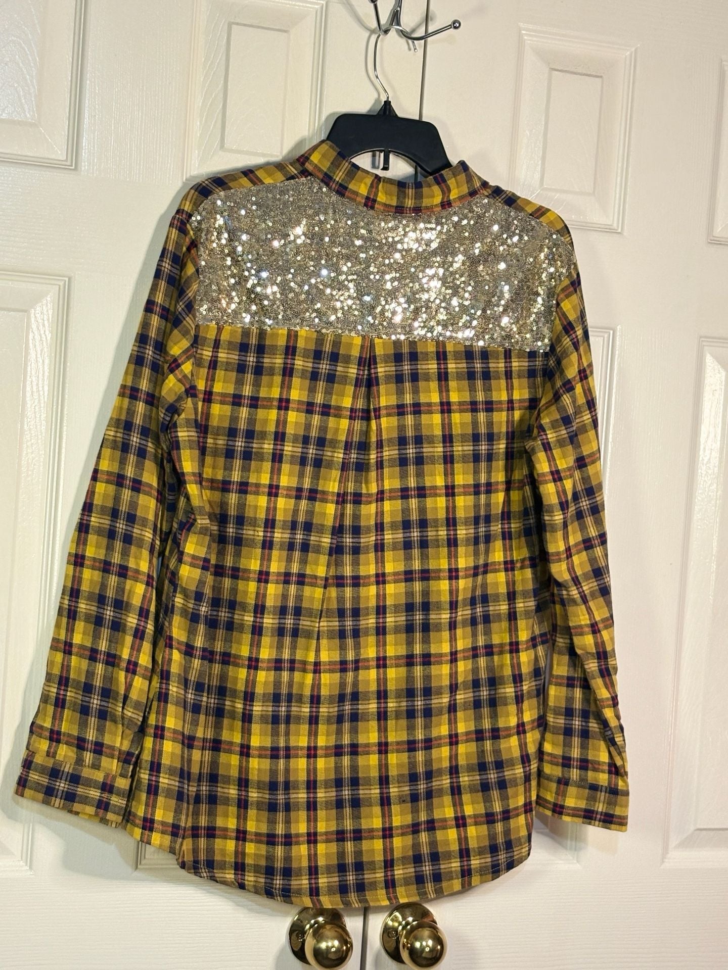 Grace & Emma Plaid Button Down Shirt Size L Yellow Sequin Yoke 5