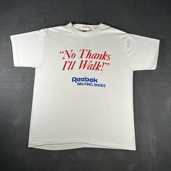 Vintage Reebok “No Thanks I'll Walk” T-Shirt Size XL White Walking Shoes Graphic