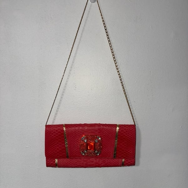 Carlos Falchi Red Snakeskin Crystal Clutch Bag