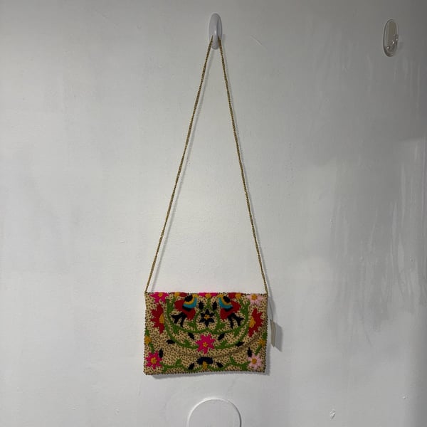 Beaded Floral Embroidered Chain Strap Clutch