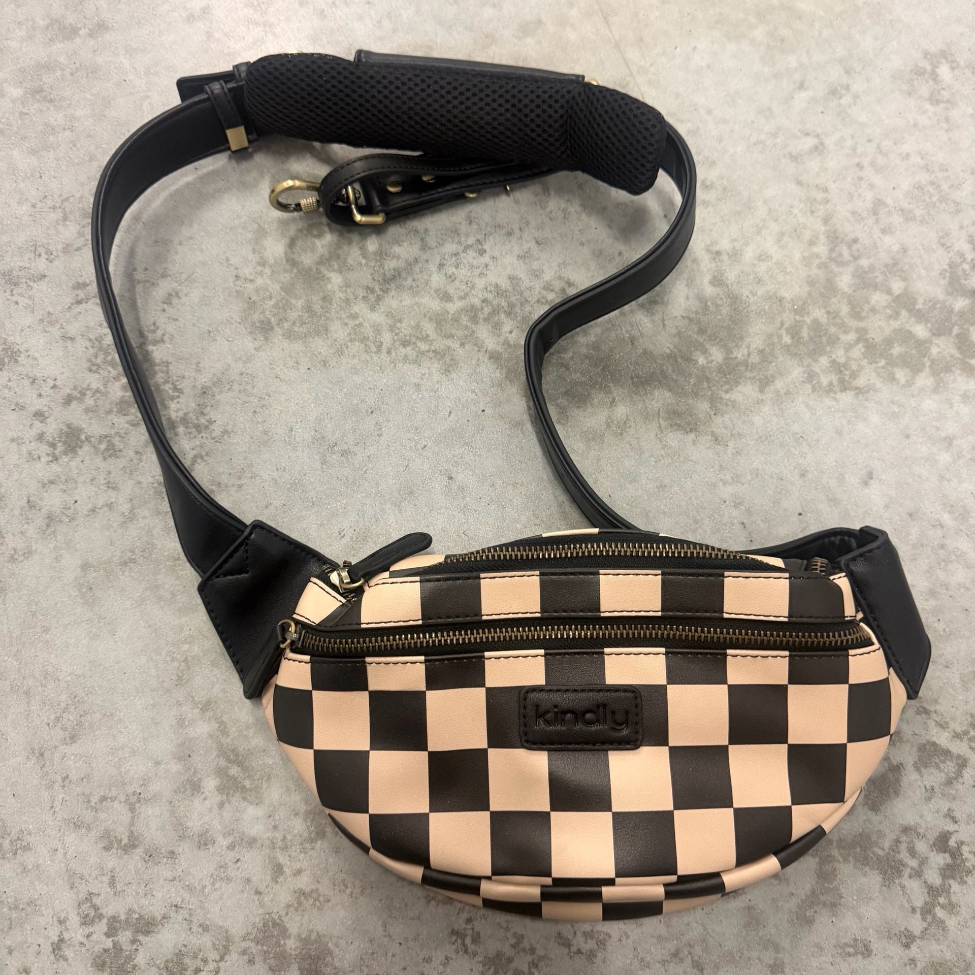 Kindly Checkered Photographer Crossbody Fanny Bag Black Tan 2