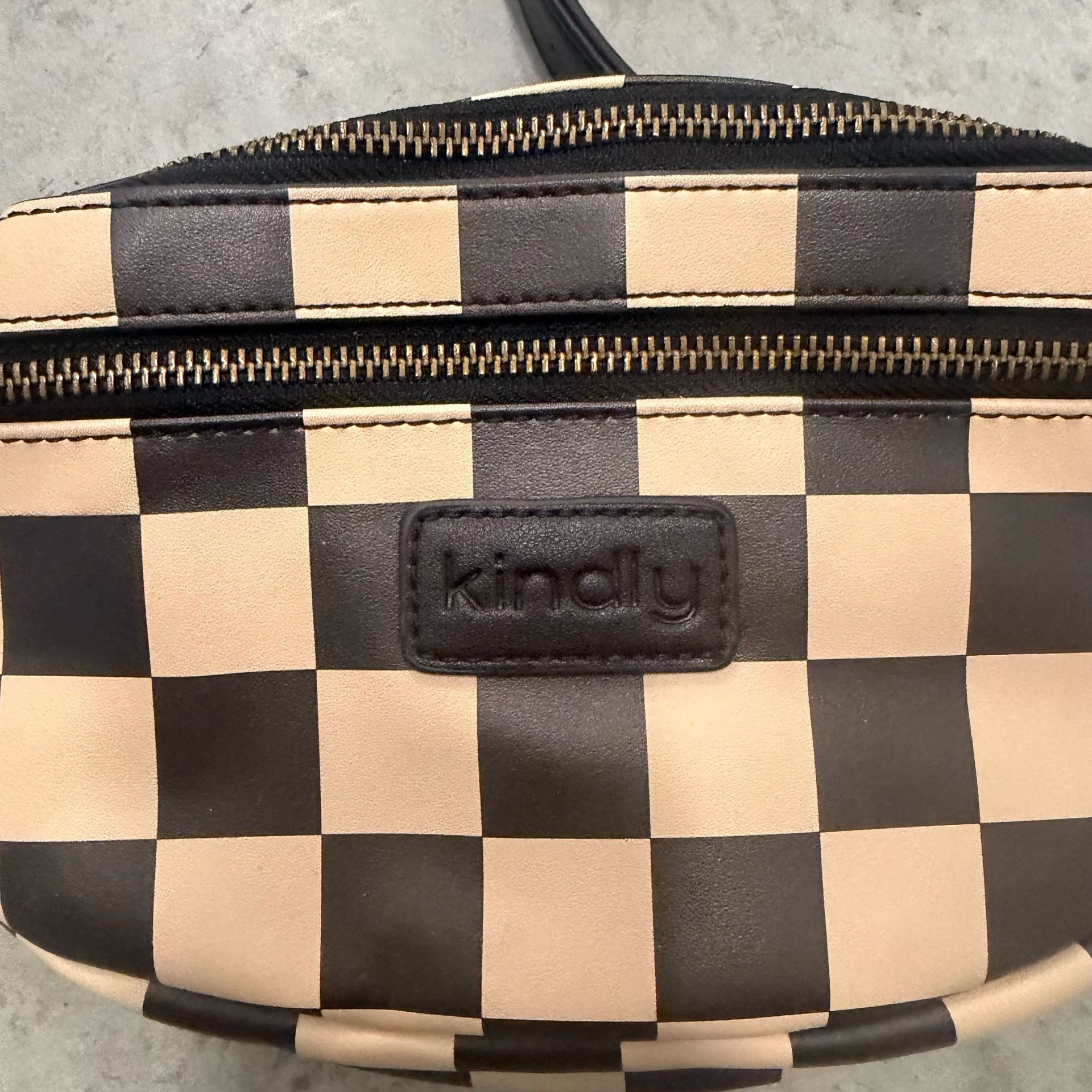 Kindly Checkered Photographer Crossbody Fanny Bag Black Tan 3