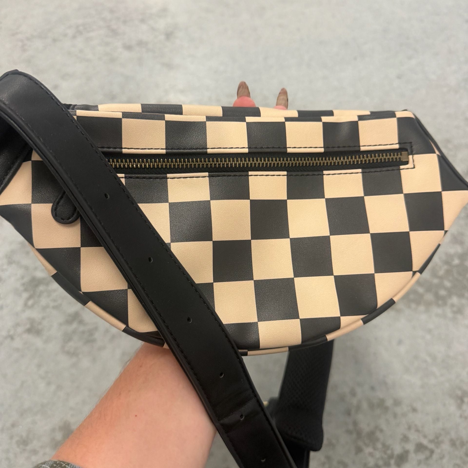 Kindly Checkered Photographer Crossbody Fanny Bag Black Tan 5