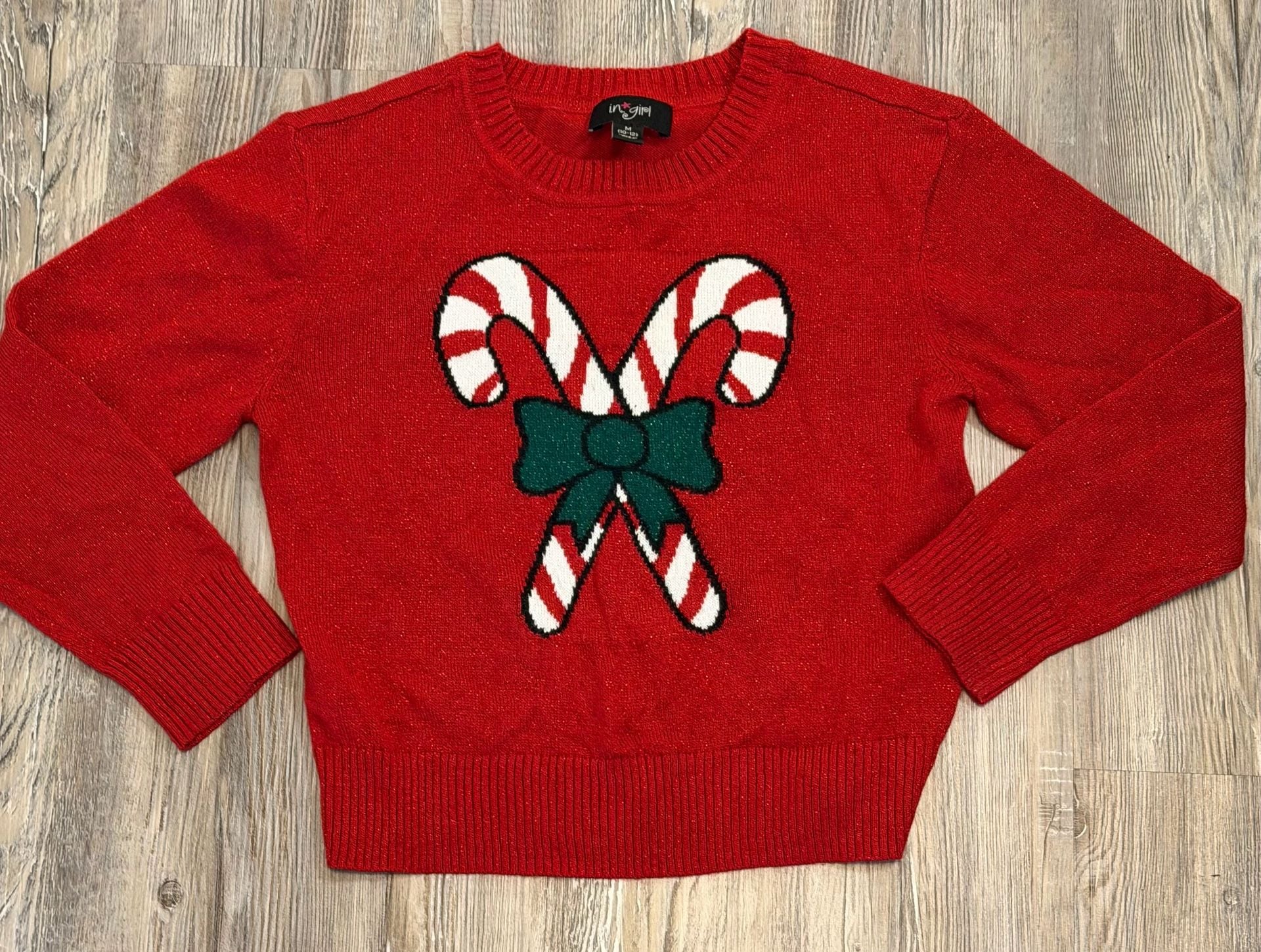 In*Girl Christmas Sweater Size M 10-12 Red Candy Cane Bow 2