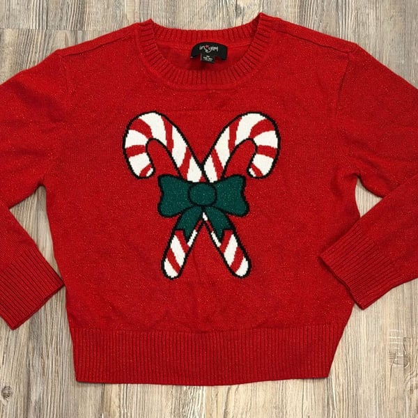 In*Girl Christmas Sweater Size M 10-12 Red Candy Cane Bow