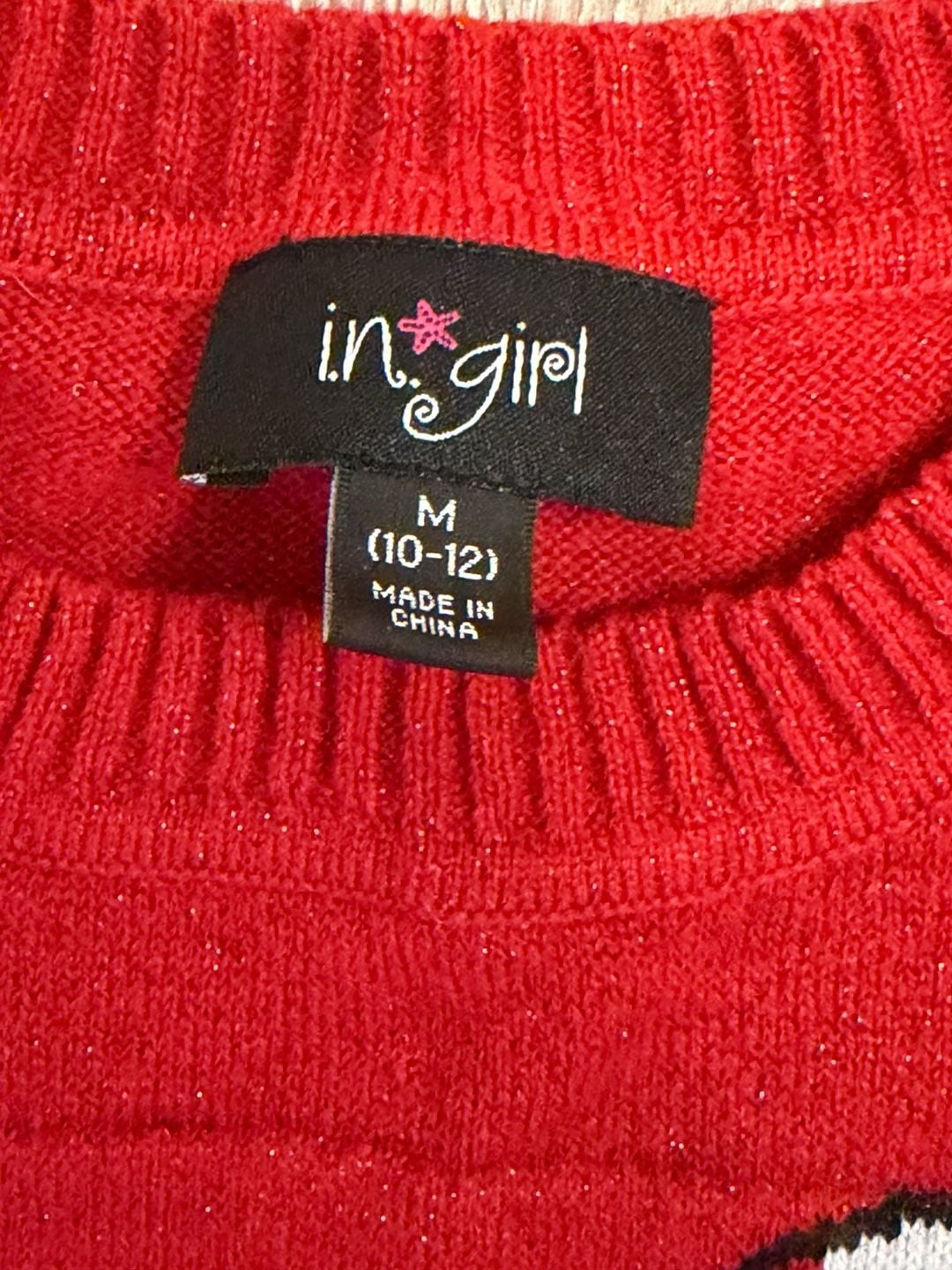In*Girl Christmas Sweater Size M 10-12 Red Candy Cane Bow 3
