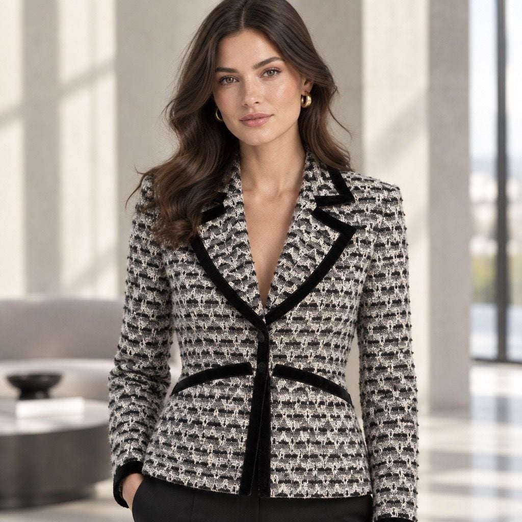 DD Collection Tweed Suit Jacket Size 10 Black White Wool Formal Blazer 2