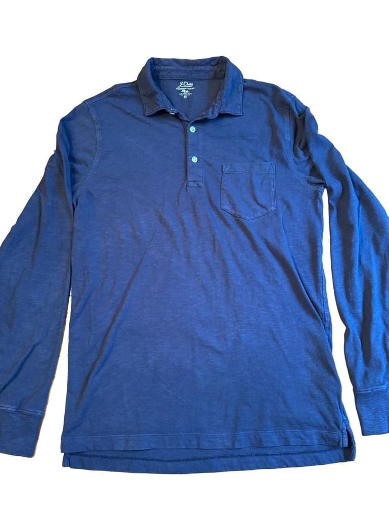 J.Crew Garment-Dyed Long Sleeve Polo Shirt Size MT Navy Pocket h1589 2