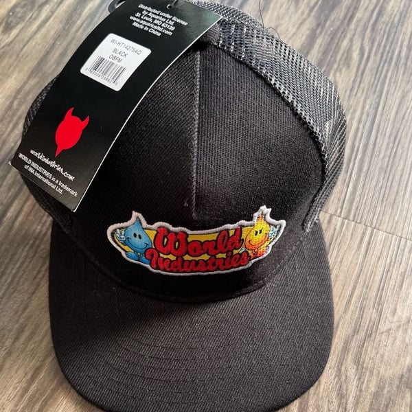 World Industries Trucker Hat Black Snapback Mesh Cap Logo Patch New
