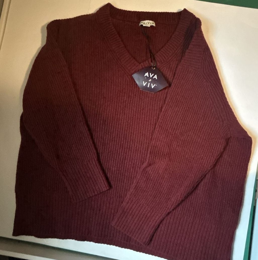 Ava & Viv V-Neck Sweater Size 2X Burgundy Ribbed Knit 2