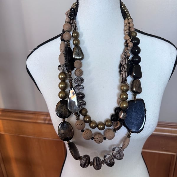 Chico's Multi Strand Statement Necklace Brown Black Beaded Boho