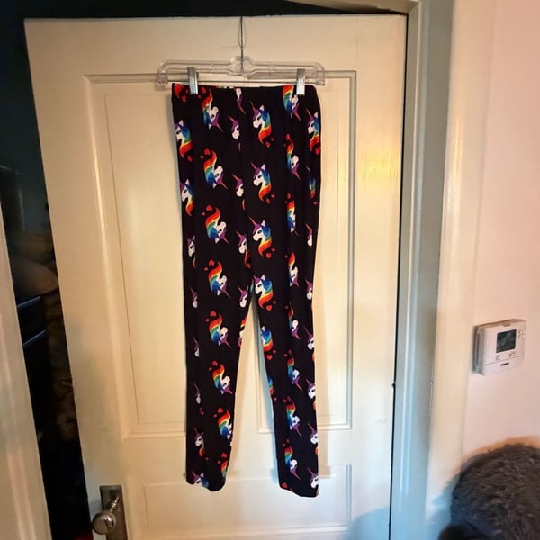 Unicorn Print Leggings Size Plus Size Black Rainbow Hearts