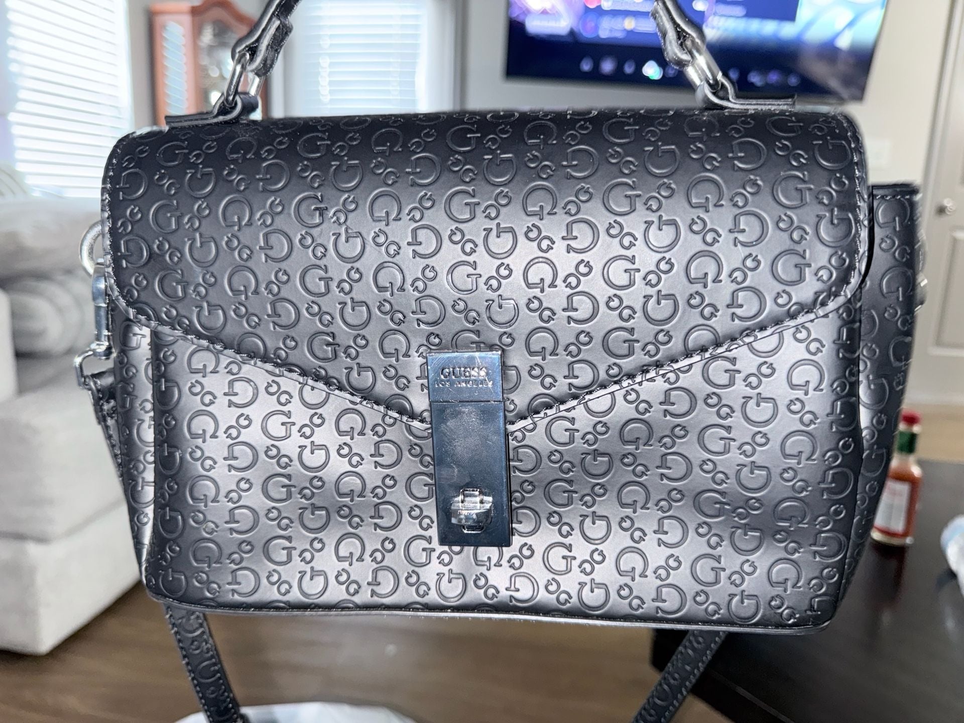 Guess Logo Embossed Metallic Silver Top Handle Crossbody Bag 2