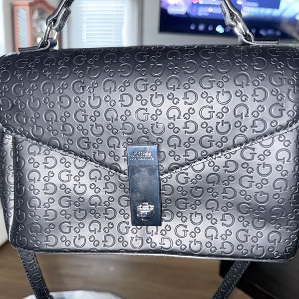 Guess Logo Embossed Metallic Silver Top Handle Crossbody Bag