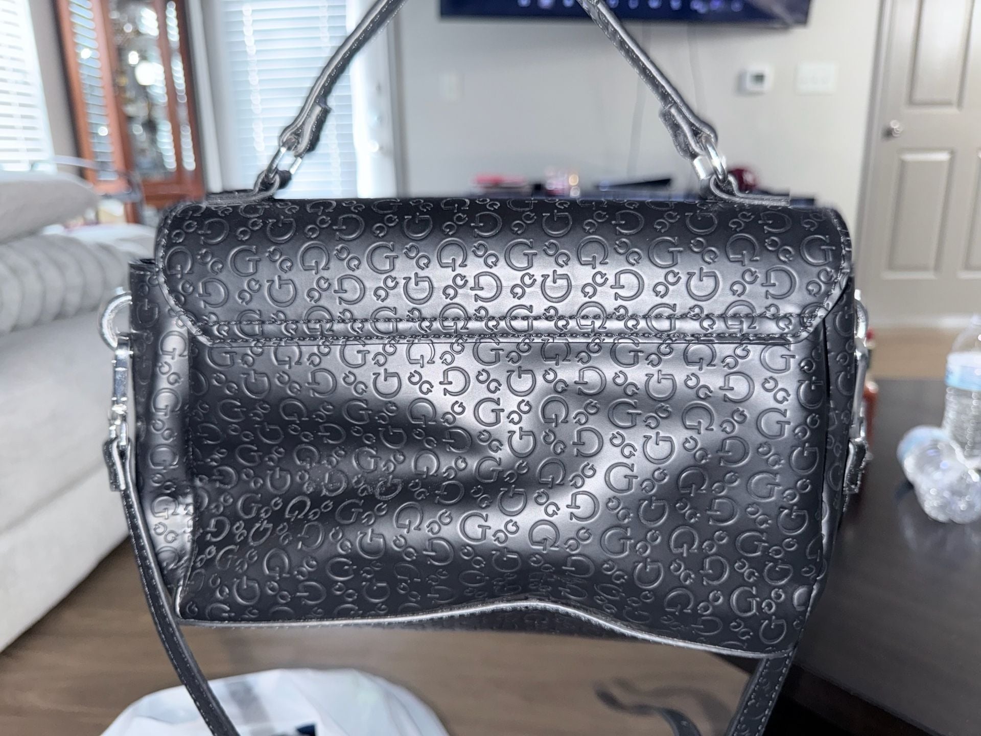 Guess Logo Embossed Metallic Silver Top Handle Crossbody Bag 3