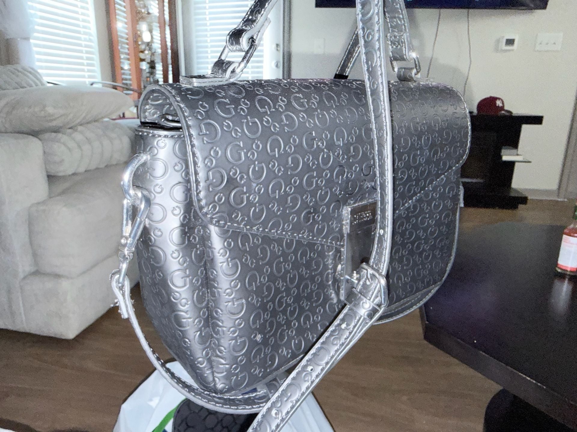 Guess Logo Embossed Metallic Silver Top Handle Crossbody Bag 4