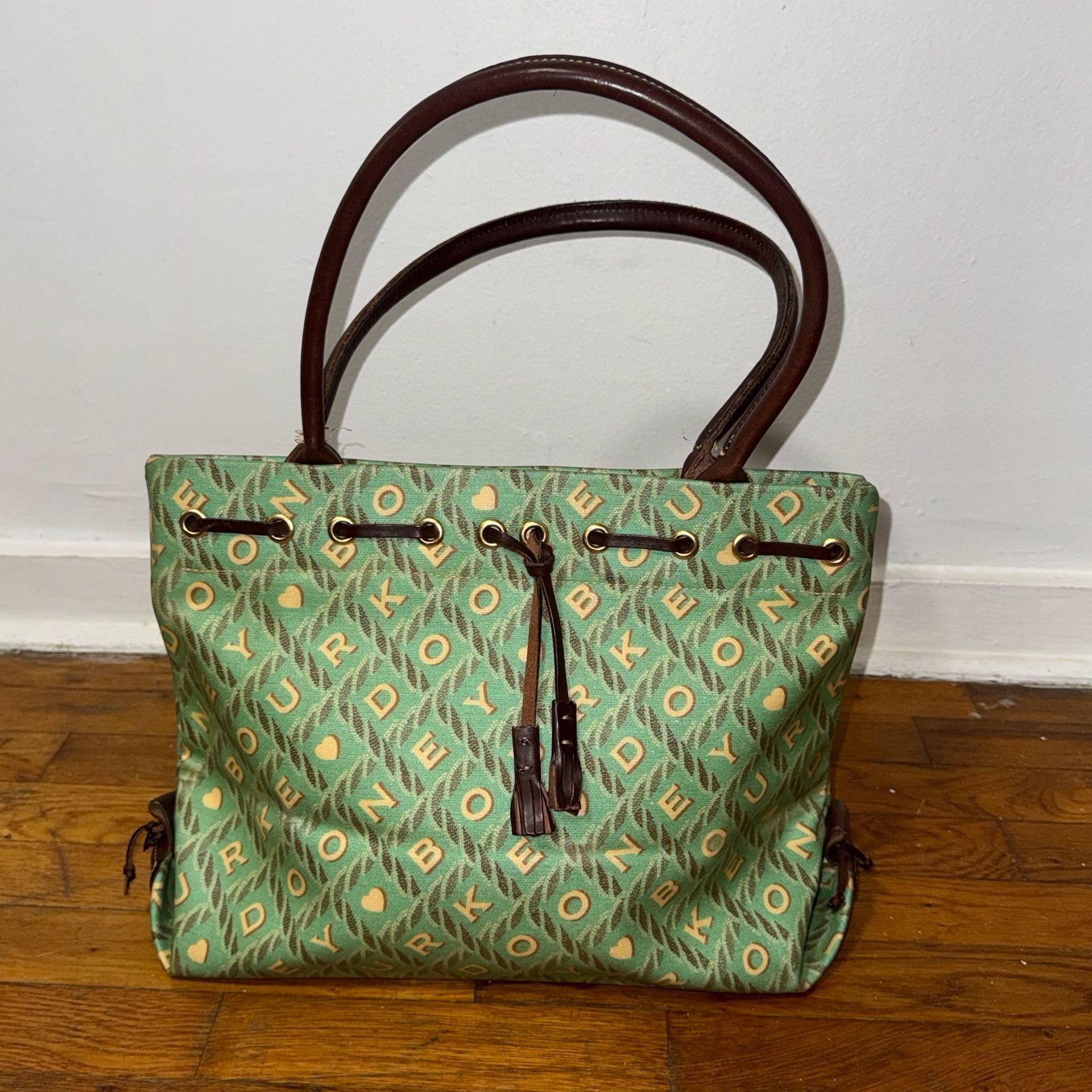 Vintage Dooney & Bourke Green Monogram Tassel Tote Bag 2