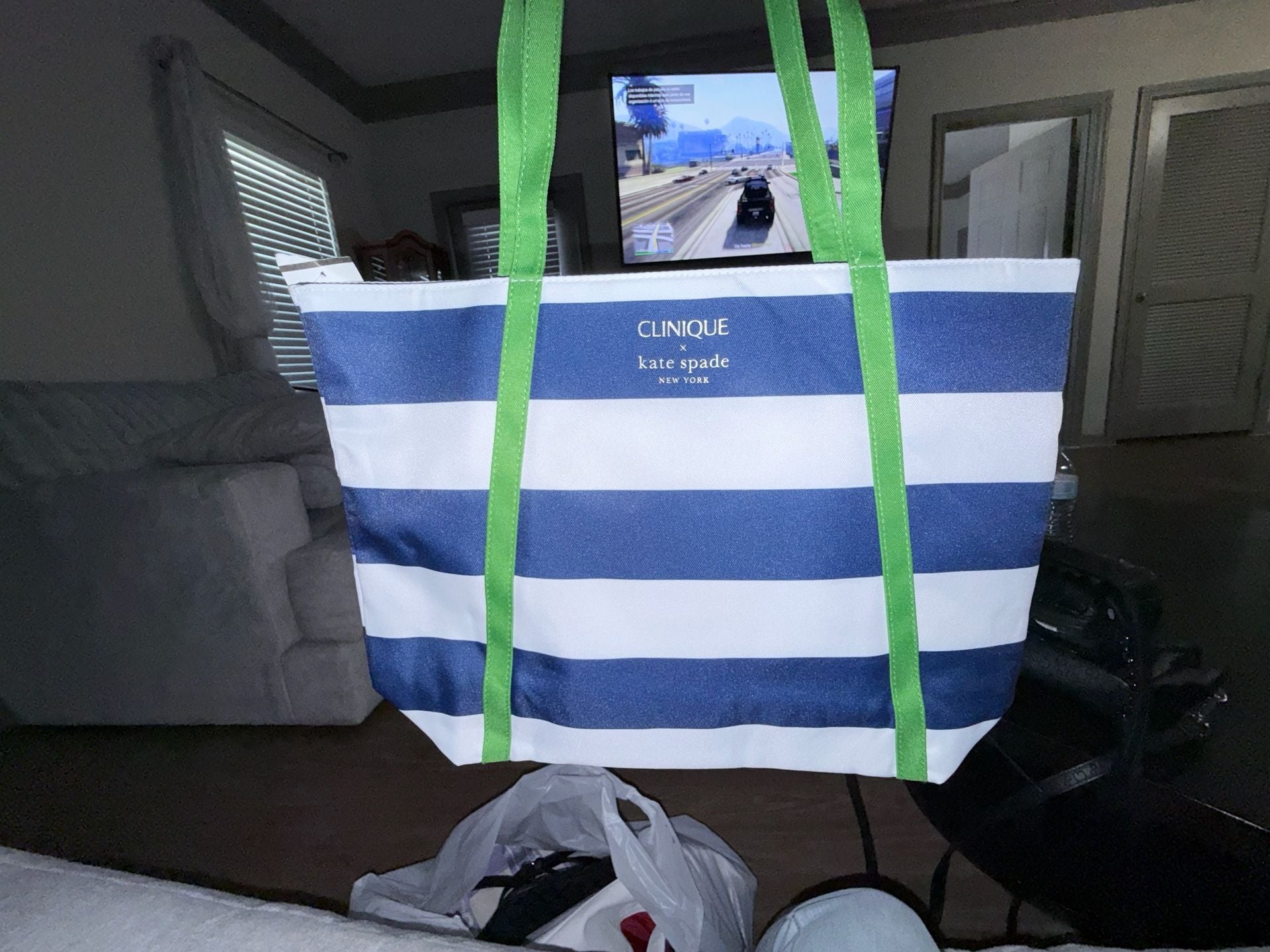 Clinique x Kate Spade Blue White Stripe Green Handle Tote Bag 2