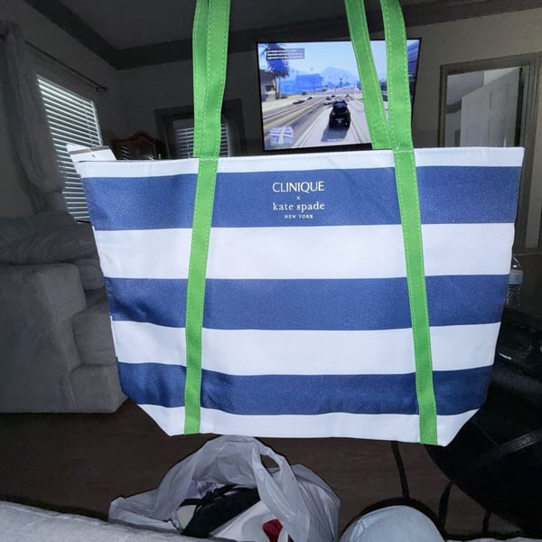 Clinique x Kate Spade Blue White Stripe Green Handle Tote Bag