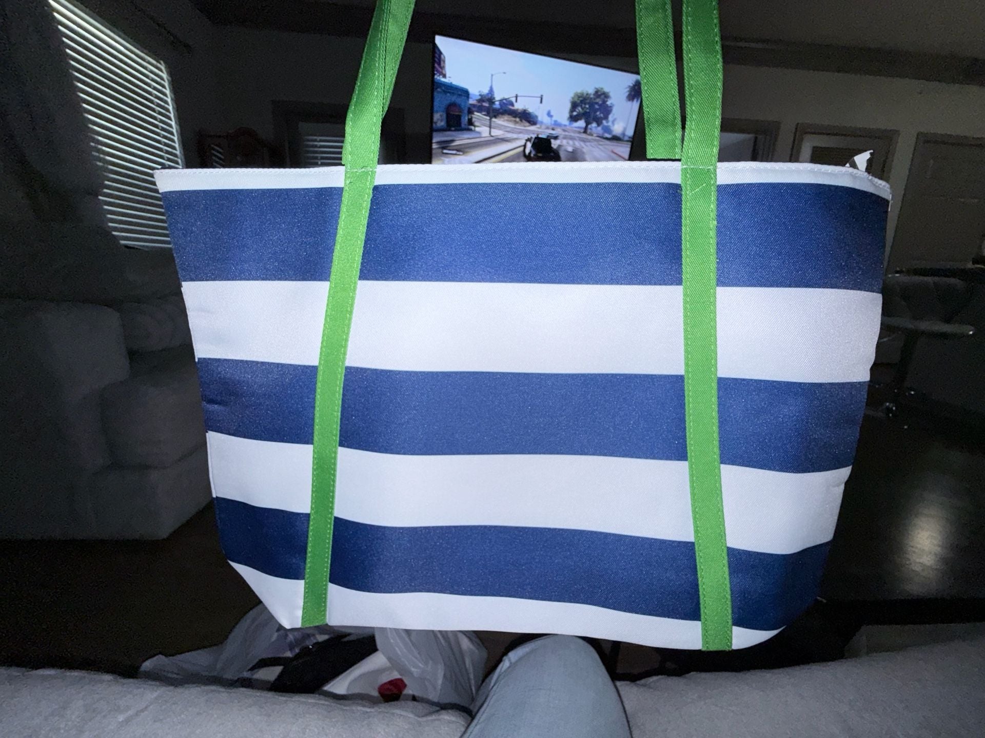 Clinique x Kate Spade Blue White Stripe Green Handle Tote Bag 3