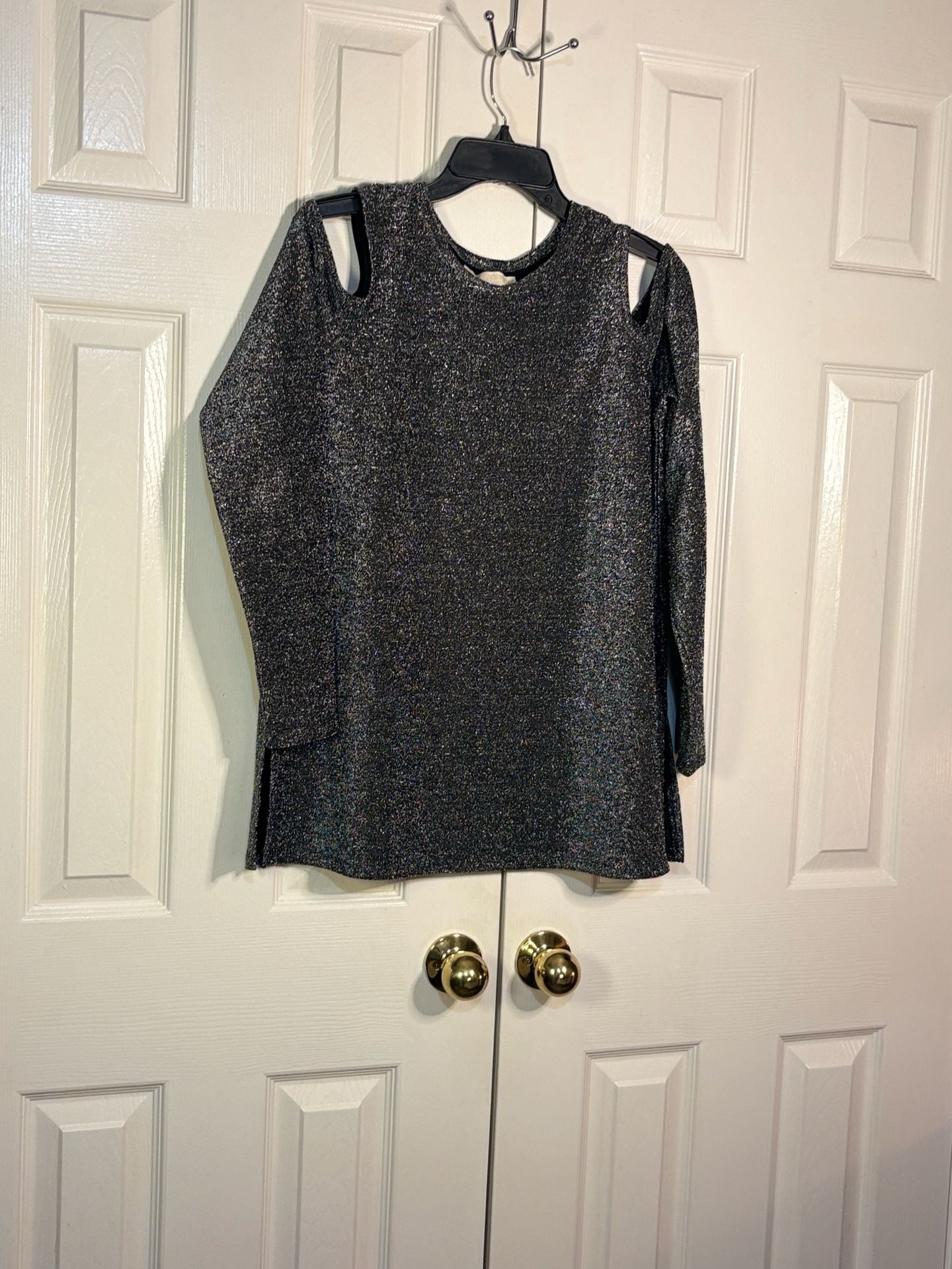 Michael Kors Cold Shoulder Top Size L Black Metallic Sparkle Long Sleeve 5