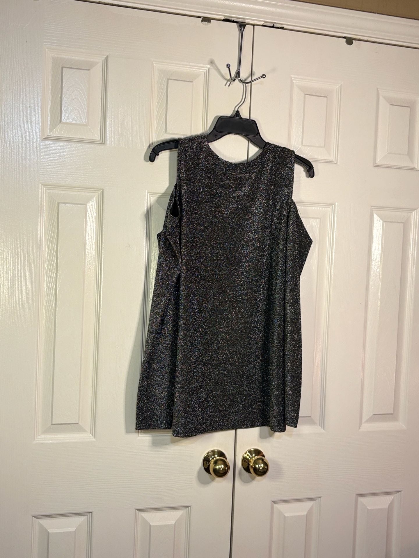 Michael Kors Cold Shoulder Top Size L Black Metallic Sparkle Long Sleeve 9