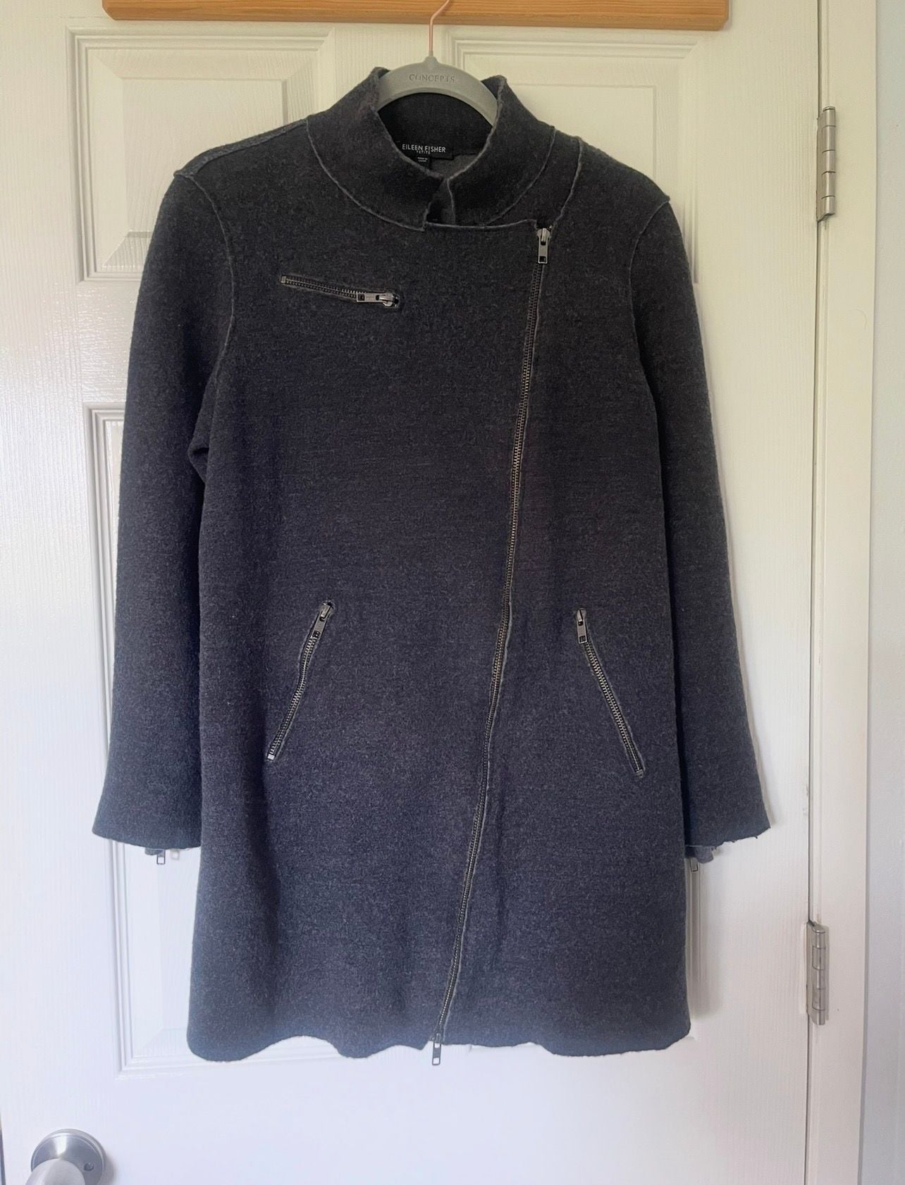 Eileen Fisher Merino Wool Moto Jacket Size PL Charcoal Gray Asymmetric Zip 2