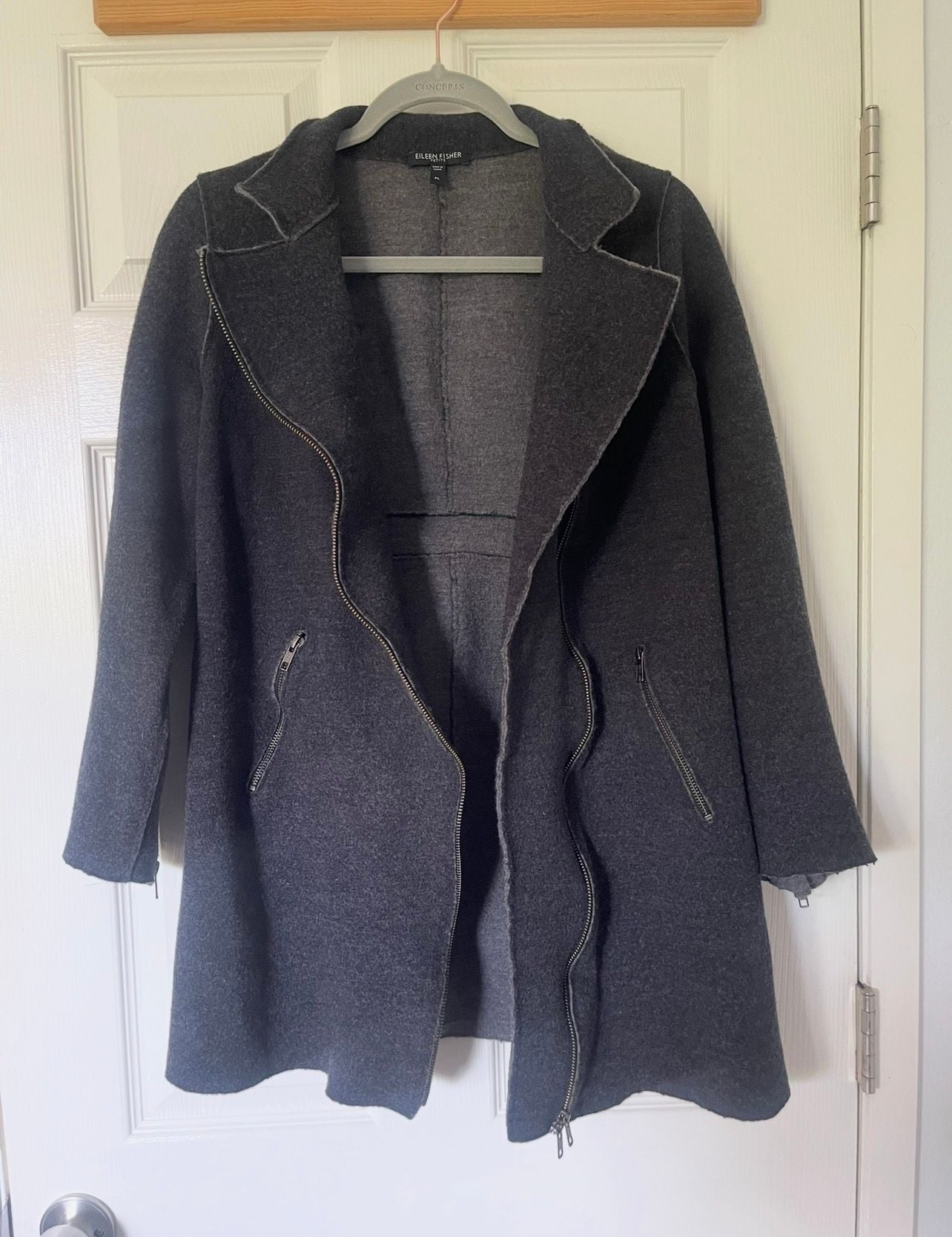 Eileen Fisher Merino Wool Moto Jacket Size PL Charcoal Gray Asymmetric Zip 6