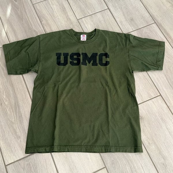 Bayside USMC T-Shirt Large Olive Green Made In USA Graphic Tee Item 0498