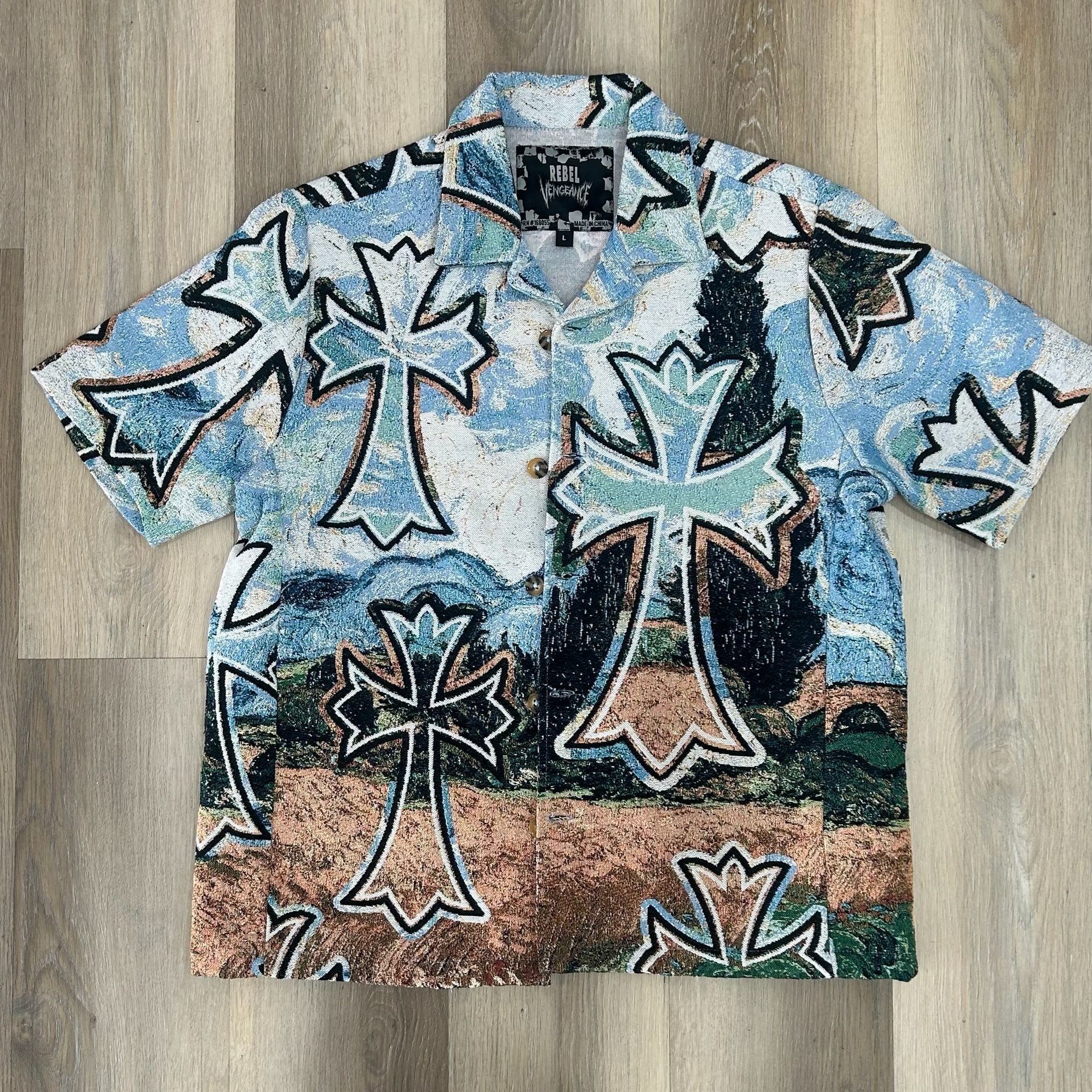 Rebel Vengeance Tapestry Button Up Shirt Size Large Cross Blue Multicolor 2